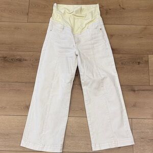 Cream Wide-Leg Pants with Yellow Waistband